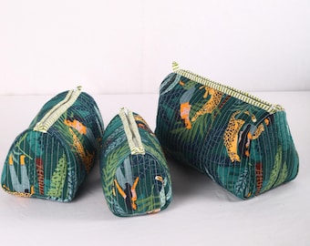 Quilted Cotton Toiletry Bag Set: Tiger Print Cosmetic Pouches