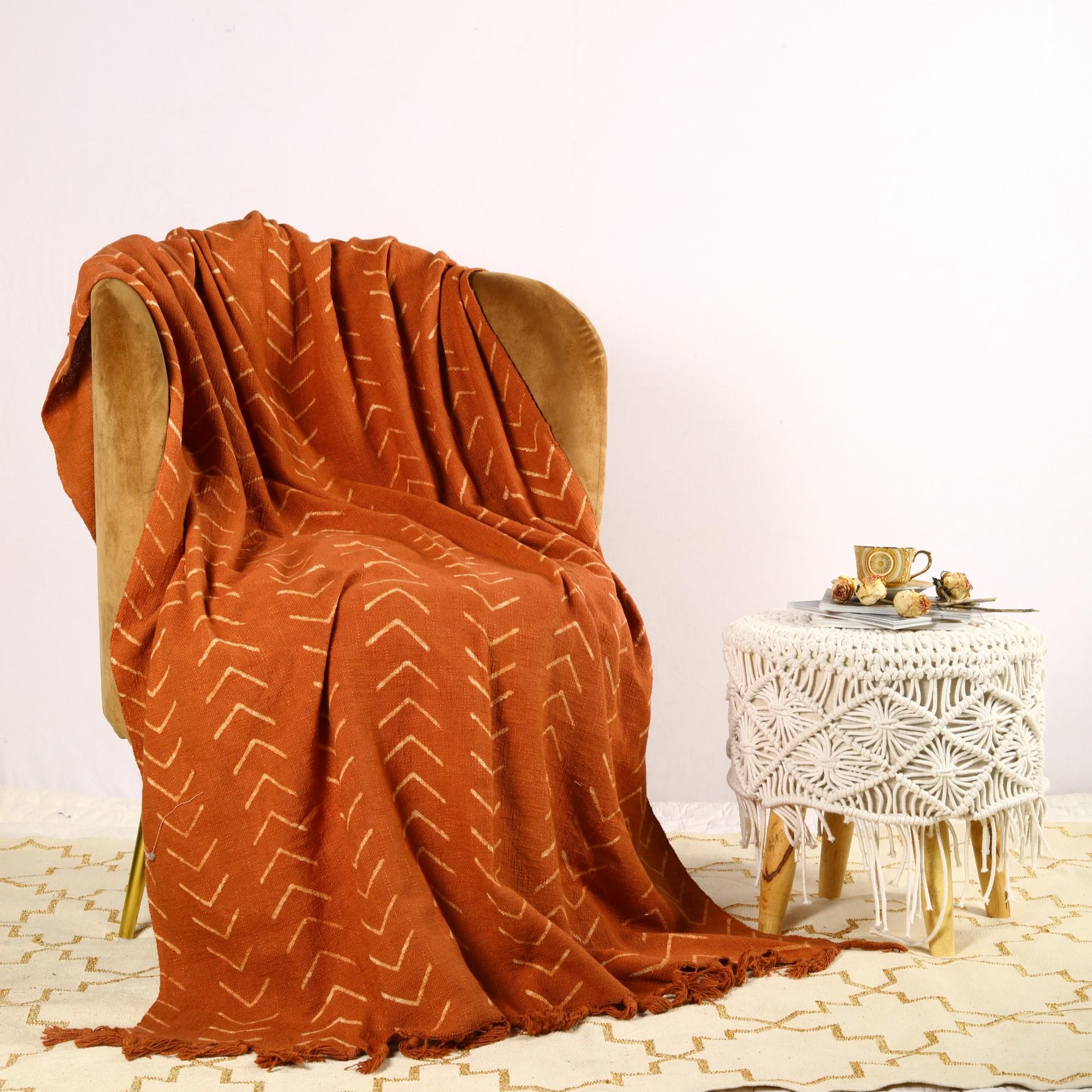 Rust Mud Cloth Throw Blanket: Hand Block Printed Geometric Cotton