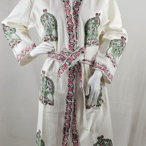 Hand Block Printed Cotton Waffle Robe: Peacock Design Kimono