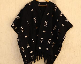 Handloomed Mudcloth Shrug: African Boho Cotton Tassel Wrap