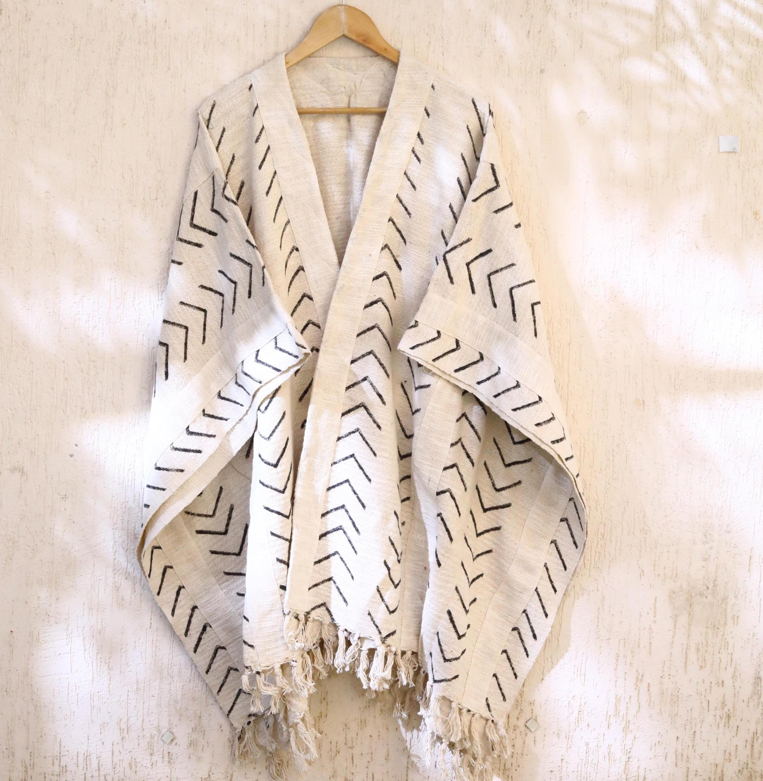 Handloomed Mudcloth Shrug: African Style Cotton Wrap with Fringes