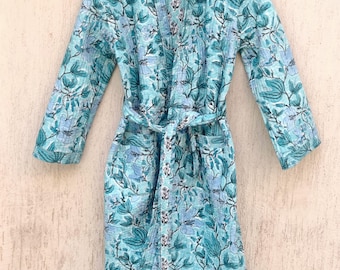 Reversible Quilted Robe Kimono: Boho Block-Print Cotton, Long Winter Dressing Gown