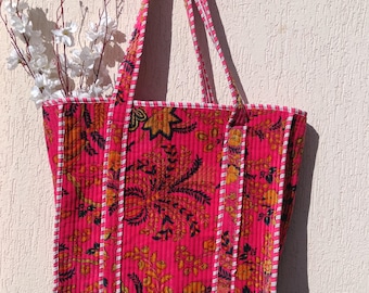 Pink Floral Velvet Tote Bag: Quilted Shopping Carry Bag