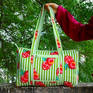 Quilted Cotton Duffle Bag: Striped Heart Weekender, Handmade Green Pomegranate