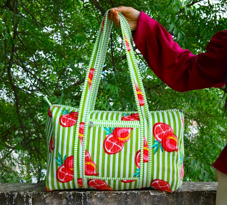 Quilted Cotton Duffle Bag: Striped Heart Weekender, Handmade Green Pomegranate