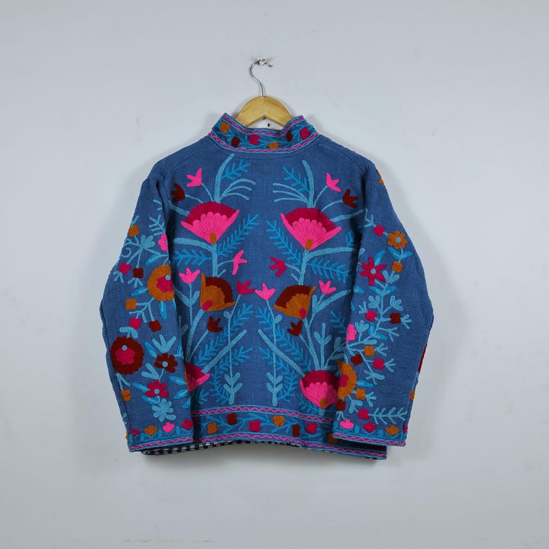 Hand Embroidered Suzani Jacket: Pink Floral Cotton Short Coat image 6