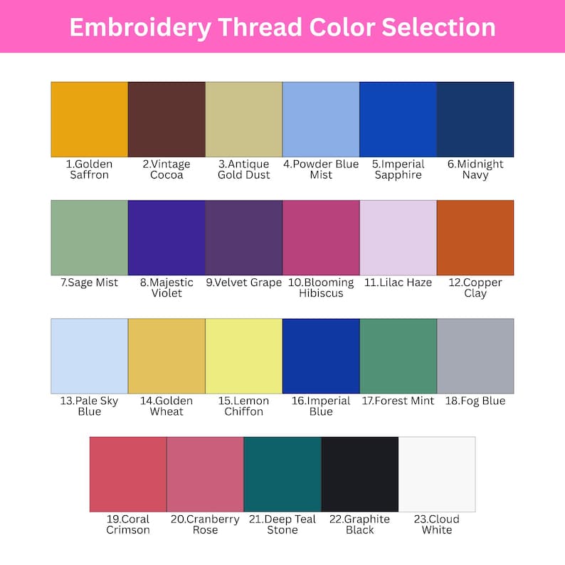May include: A color chart titled Embroidery Thread Color Selection featuring 23 numbered rectangular swatches. Colors include Golden Saffron, Vintage Cocoa, Antique Gold Dust, Powder Blue Mist, Imperial Sapphire, Midnight Navy, Sage Mist, Majestic Violet, Velvet Grape, Blooming Hibiscus, Lilac Haze, Copper Clay, Pale Sky Blue, Golden Wheat, Lemon Chiffon, Imperial Blue, Forest Mint, Fog Blue, Coral Crimson, Cranberry Rose, Deep Teal Stone, Graphite Black, and Cloud White.