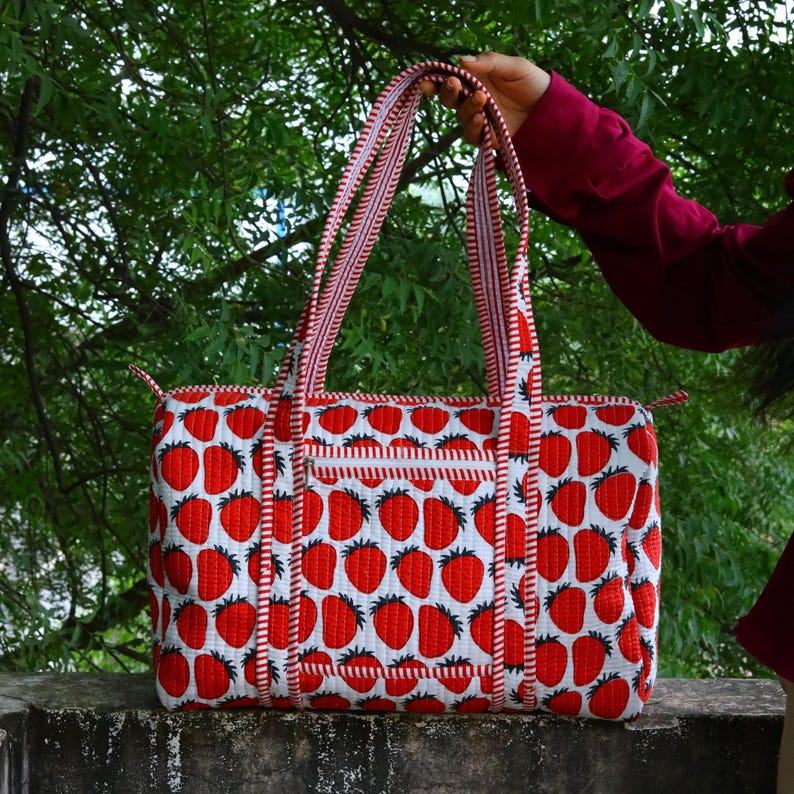 Quilted Cotton Duffle Bag: Striped Heart Weekender, Handmade Red Strawberry
