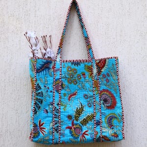 Cotton tote bag Indian handmade Quilted Tote bag, travel bag, Shopping Tote bag, Beautiful floral Quilted Cotton Tote bag Gifting for mother