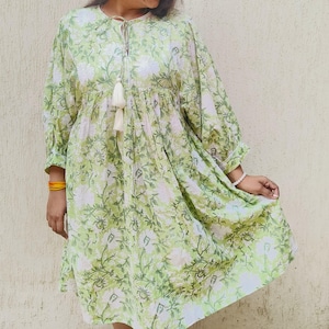 Floral Block Print Cotton Midi Dress: Kyra Green Summer Dress