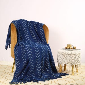 Handmade Indigo Throw Blanket Mudcloth Wrap Blanket Decorative block print Throw For Living Room decor Throw Blanket with tassels Shawl Wrap