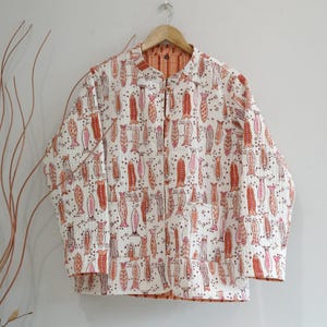 Fish Print Reversible Cotton Quilted Jacket Authentic Short Comfort Warm quilted jackets