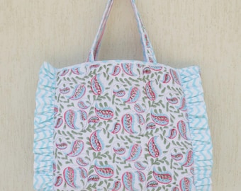 Ruffle Cotton Quilted Tote Bag: Hand Block Print Boho Travel Bag
