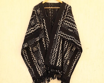 Black Mudcloth Shrug: Hand Block Print Cotton Kimono with Tassels
