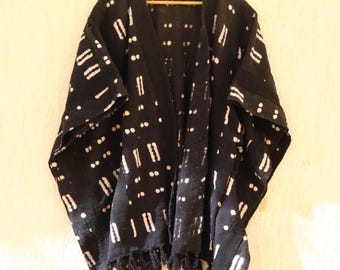 Handloomed Cotton Mudcloth Shrug: African Style Tassel Kimono