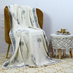 Handmade Throw Blanket Cotton Throw Handcrafted Premium Quality Cotton block printed Throw with tassels Living room decor couch