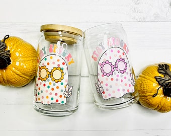 Spooky Ghost Glass Cup: Retro Halloween Coffee Tumbler (16oz)
