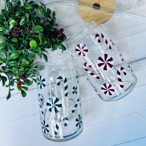 Peppermint glass cup, Christmas peppermint cup, Holiday gift, Peppermint candy, Gift, Glass tumbler, Iced coffee glass, Holiday cup