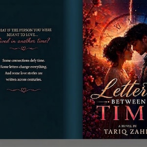 May include: A book cover featuring a dark blue background with text that reads: WHAT IF THE PERSON YOU WERE MEANT TO LOVE... lived in another time? Some connections defy time. Some letters change everything. And some love stories are written across centuries. The right side shows a couple standing amidst red flowers with a large clock face in the background and the title Letters BETWEEN TIME A NOVEL BY TARIQ ZAHIR.