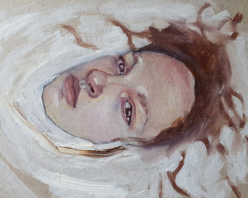 Original painting depicting a young girl's head floating in a white substance. She is making an eye contact with the viewer, looking tired and melancholic. Color palette: muted pinks, purples, yellows, warm brown and white.