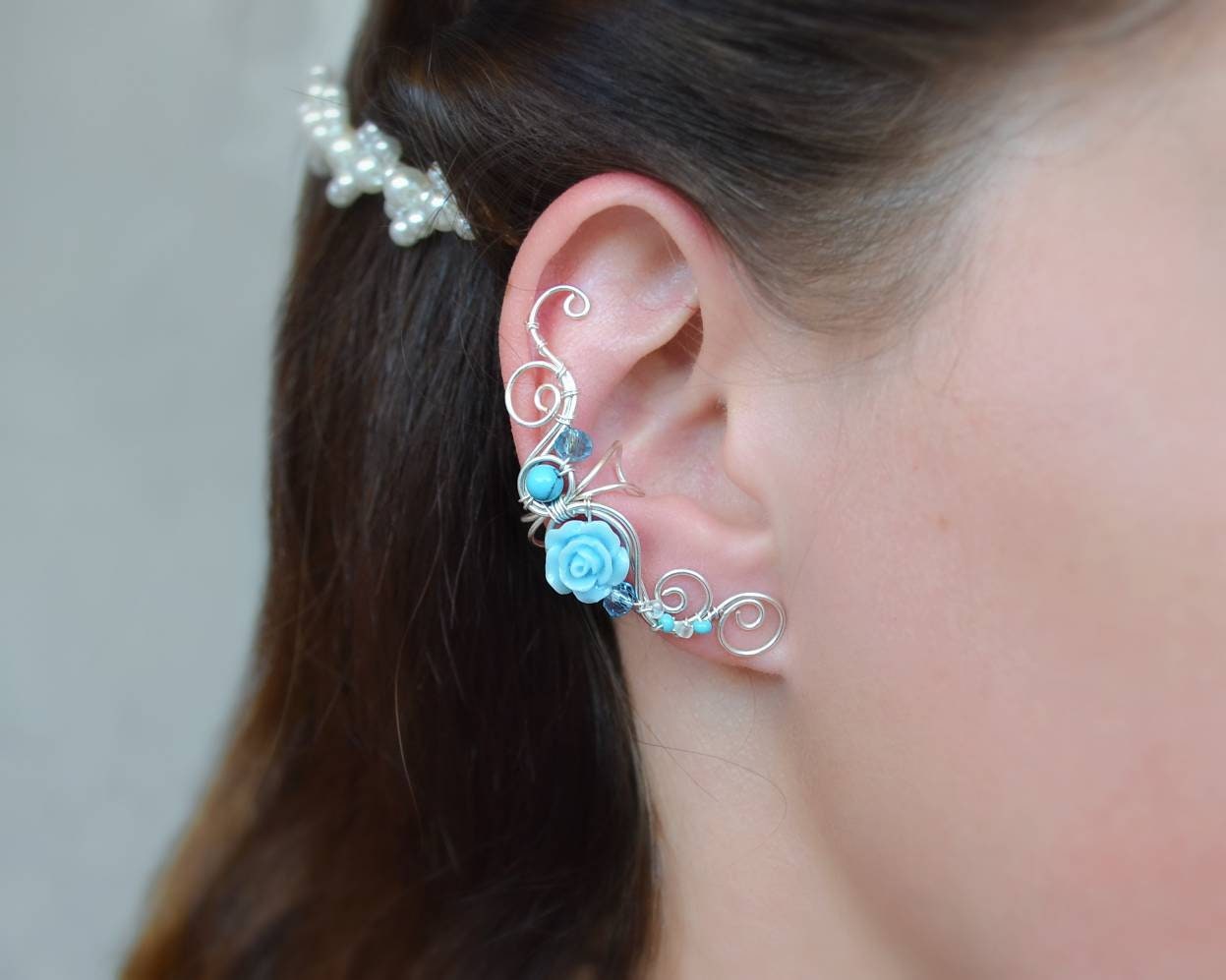 Blue Rose Flower Ear cuffs no Piercing Turquoise Fake Earrings Etsy