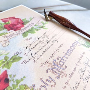 Custom religious marriage certificate with vintage red roses and handwritten calligraphy for the blank spots.