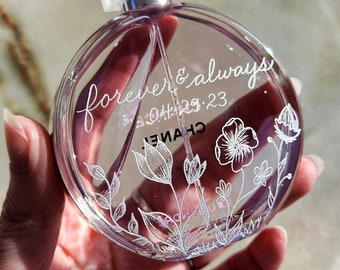 Floral Engraved Perfume Bottle, Personalized Perfume with Flowers, Custom Fragrance Engraving, Mother of the Bride Gift, Bridal Party Gifts