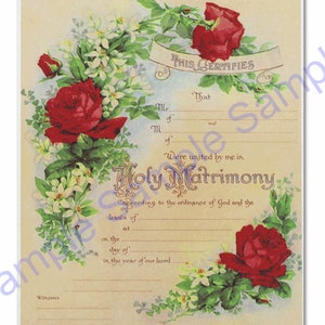 Example of vintage red rose marriage certificate with blank lines for wedding information.