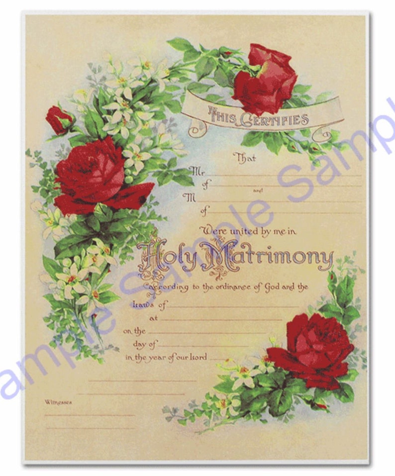 Example of vintage red rose marriage certificate with blank lines for wedding information.