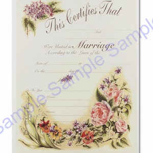 Example of vintage floral marriage certificate with blank lines for wedding information.