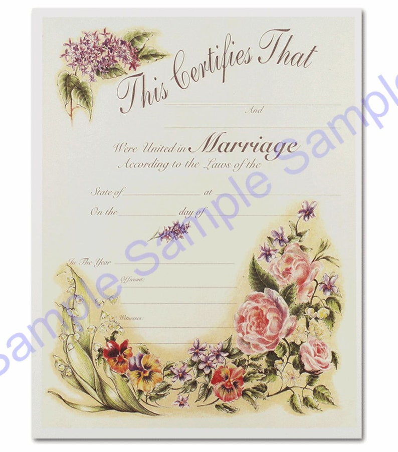 Example of vintage floral marriage certificate with blank lines for wedding information.