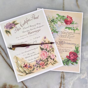 Two marriage certificate examples with vintage florals and handwritten calligraphy for the fill-in-the-blanks.