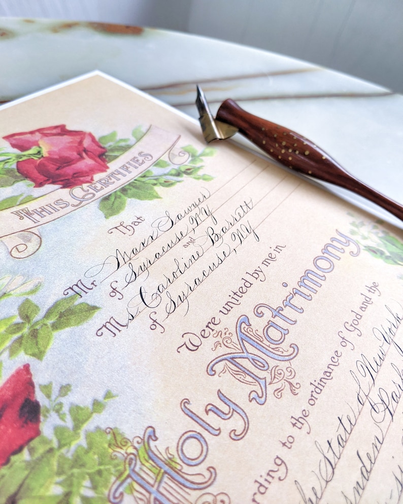 Custom religious marriage certificate with vintage red roses and handwritten calligraphy for the blank spots.