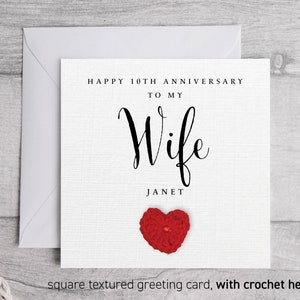 Tarjeta de aniversario de esposa y novia, tarjeta de aniversario personalizada, tarjeta para su décimo aniversario Corazón de crochet 10.º aniversario 293