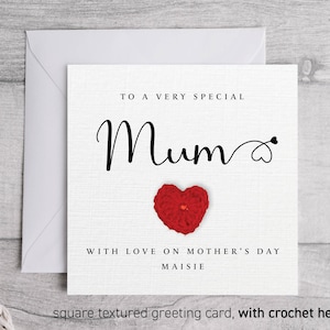 Biglietto speciale per la festa della mamma, biglietto personalizzato per Mummy Mam Mommy, biglietto regalo di lusso per la festa della mamma con trama testurizzata, con cuore all'uncinetto 281