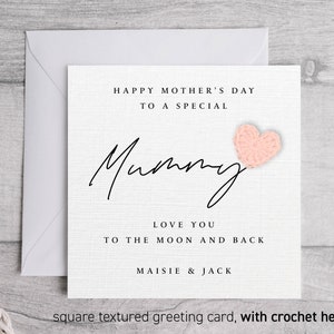 Mum Moederdagkaart, gepersonaliseerde kaart voor Mummy Mam Mommy, love you to the moon and back Moederdagcadeaukaart, met gehaakt hart 288