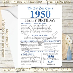 Cartão de aniversário 75º 1950 Cartão de felicitações personalizado do Reino Unido De volta ao ano Nascido Memórias Ano de nascimento Fatos Mãe Pai Ele Sua amiga Nan Avô 242