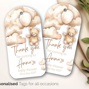 10 x Baby shower personnalisé Merci d'être venu, Étiquettes Boho Bear Neutral Nounours Beige Gender révèlent le cadeau Cadeau de remerciement 210