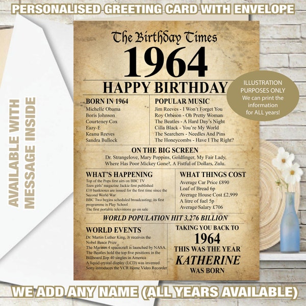 Birthday Card 60th 1964 Personalised Kraft UK Greeting Card Back in the year Born Memories Birth Year Facts Mum Dad Him Her Nan Uncle 140