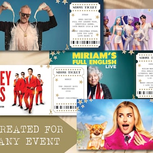Puede incluir: Un collage de entradas para espectáculos de diversos eventos. Se incluyen entradas para Greg Davies, un grupo de artistas, "Jersey Boys" y "Miriam's Full English Live". Las entradas tienen un diseño vintage.