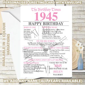 Carte d'anniversaire 1945 80e anniversaire de naissance personnalisé au Royaume-Uni, souvenirs de naissance, faits sur l'année de naissance, maman, papa, lui, ami, grand-père, grand-père 242