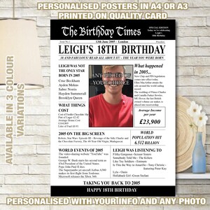 Poster 18th 2007 Personalised PHOTO Birthday Poster UK Facts Print Gift Back in the year Born Memories Birth Mum Dad Him Her Nan Grandad 32