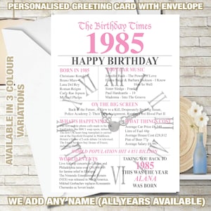Birthday Card 1985 40th Personalised  UK Greeting  Back in the year Born Memories Birth Year Facts Mum Dad Him Her Friend Nan Grandad 242