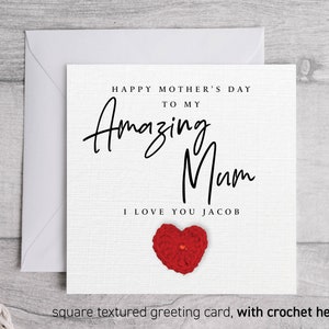 Amazing Mum Moederdagkaart, gepersonaliseerde kaart voor Mummy Mam Mommy, luxe Moederdagcadeaukaart met textuur, met gehaakt hart 281