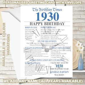 Tarjeta de cumpleaños 1930 95.° cumpleaños personalizada del Reino Unido Saludo en el año Recuerdos del nacimiento Datos del año de nacimiento Mamá Papá Él Ella Amigo Nan Abuelo 242