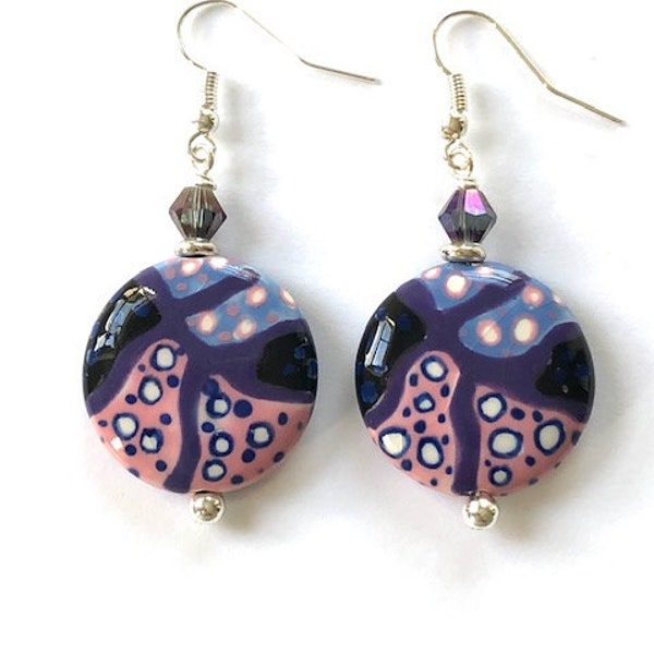 Ceramic earrings in purple and pink, round dangles, abstract design, women’s, unique