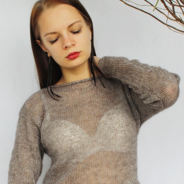 Pull transparent en laine mohair tricoté Pull pour femmes en tricot à la main