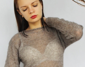 Knit sheer sweater knitted mohair wool women's jumper hand knit pullover