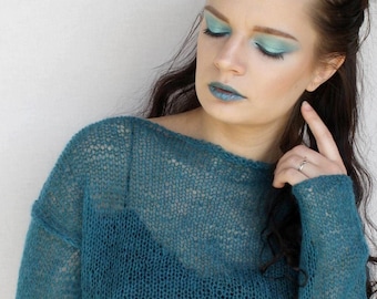 Strickwolle Pullover Damen Mohair Strickpullover Handstrick Schiere weicher leichter Pullover