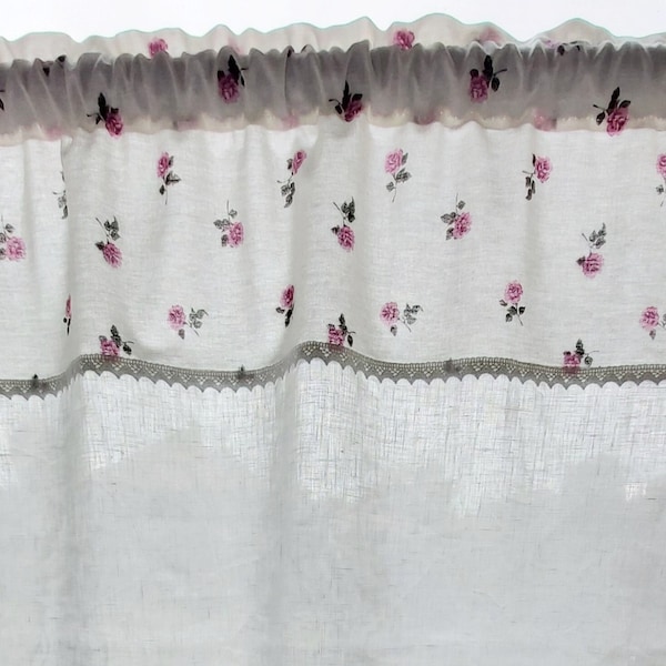 Romantic french roses floral lace shabby chic curtain pure linen panel kitchen cafe curtain door valance custom made curtains